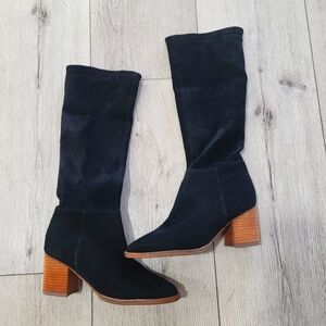 Blondo Black Suede Knee-High Boots with Wooden Heel